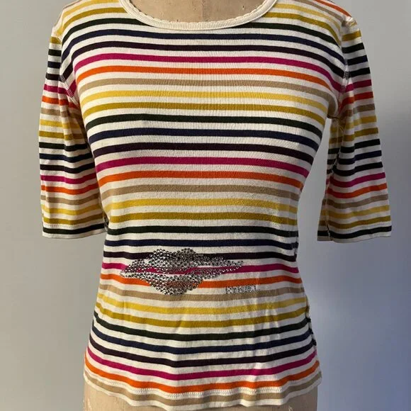 90s Sonia Rykiel Rainbow Stripe Rhinestone Babydoll T-shirt Crewneck Medium - Picture 2 of 15